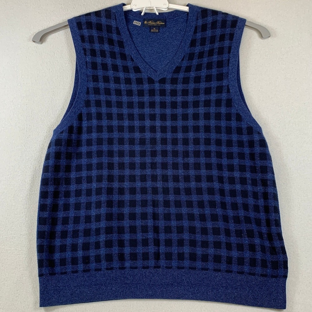 Brooks‎ Brothers Men's V-Neck Sweater Vest 100% Cotton Plaid Blue Black Size XL